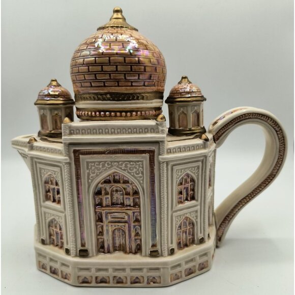 Vintage Fitz and Floyd Taj Mahal Ceramic Teapot With Golden Lid and Handles - Picture 1 of 7